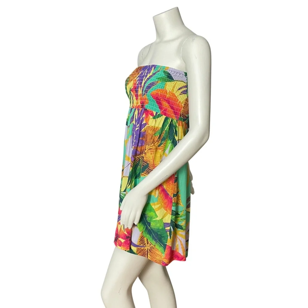 Hula Moon by Jams World Strapless Mini Dress Hawaiian Floral Smocked Medium
